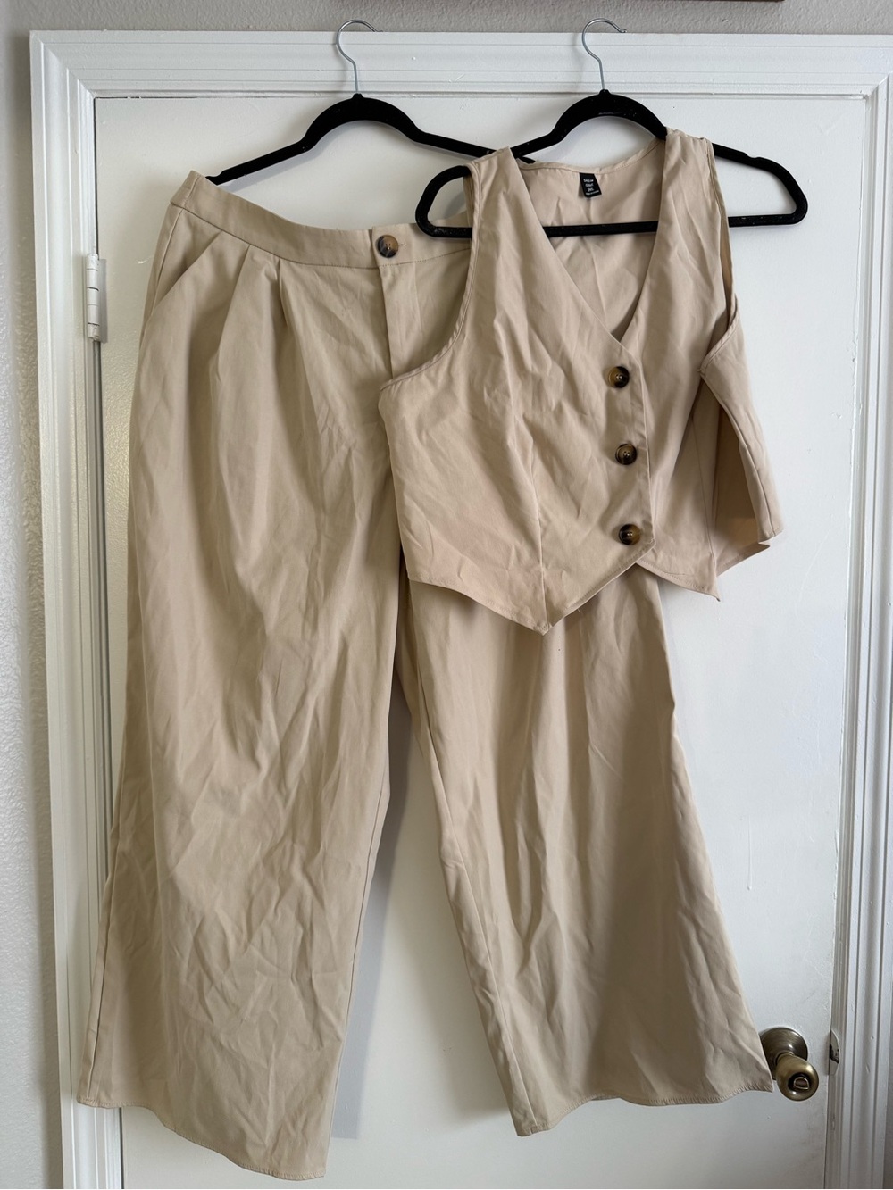 SHEIN Beige Wide-Leg Pants with Button Vest Set